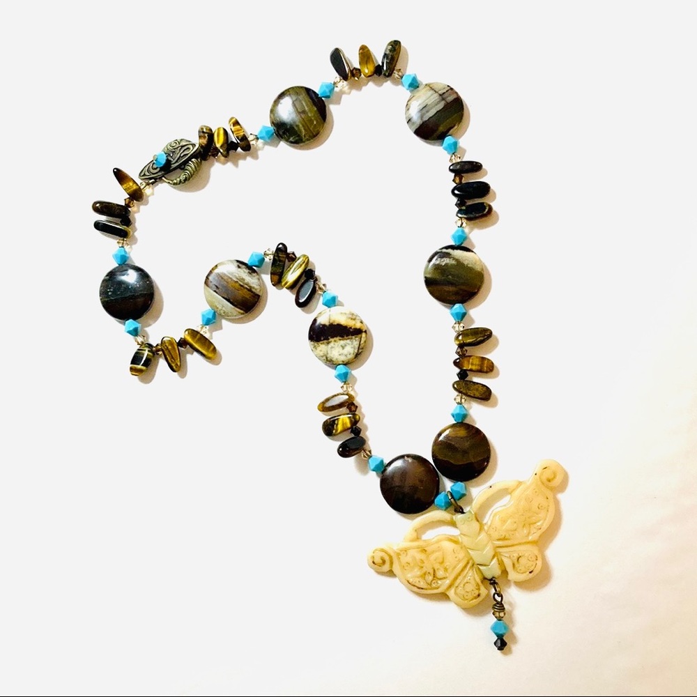 Artisan Made Gemstone and Bone Butterfly Statement Necklace